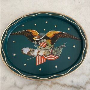 Vintage Eagle American flag metal oval tray